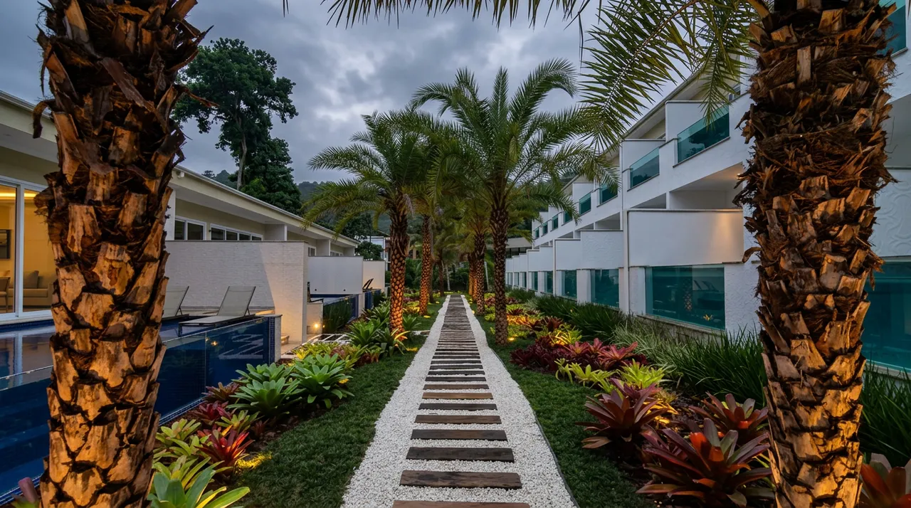 Tamareiras - Projeto Paisagistico Link plantas caminho beira de piscina utilizando tamareiras